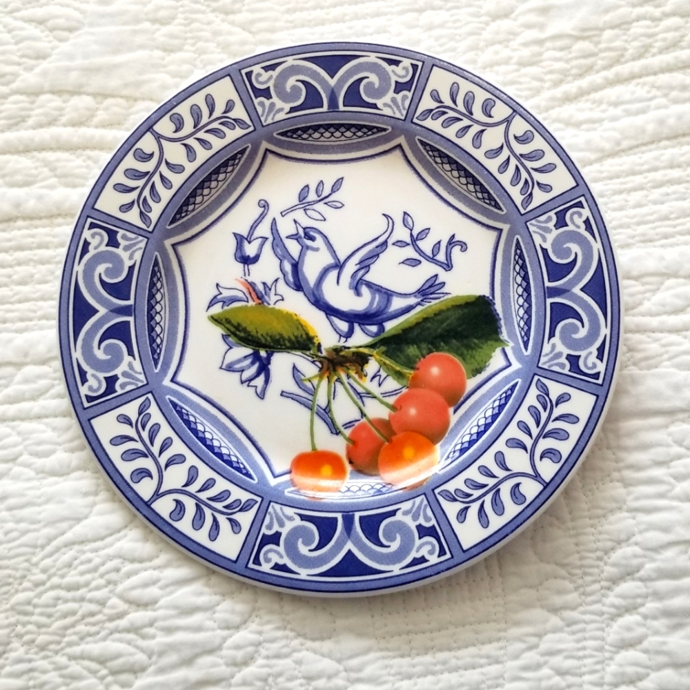 Blue Bird Salad Plate Blue and White Decorative with Cherry Design